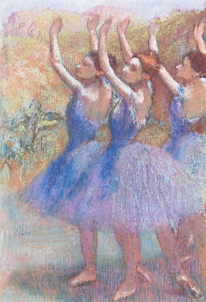 Edgar Degas : Degas, Edgar Trois danseuses, jupes violettes, 1896 Pastel sur feuillets de papier assemblés, montés sur carton, 73,2 x 49 cm Collection privée